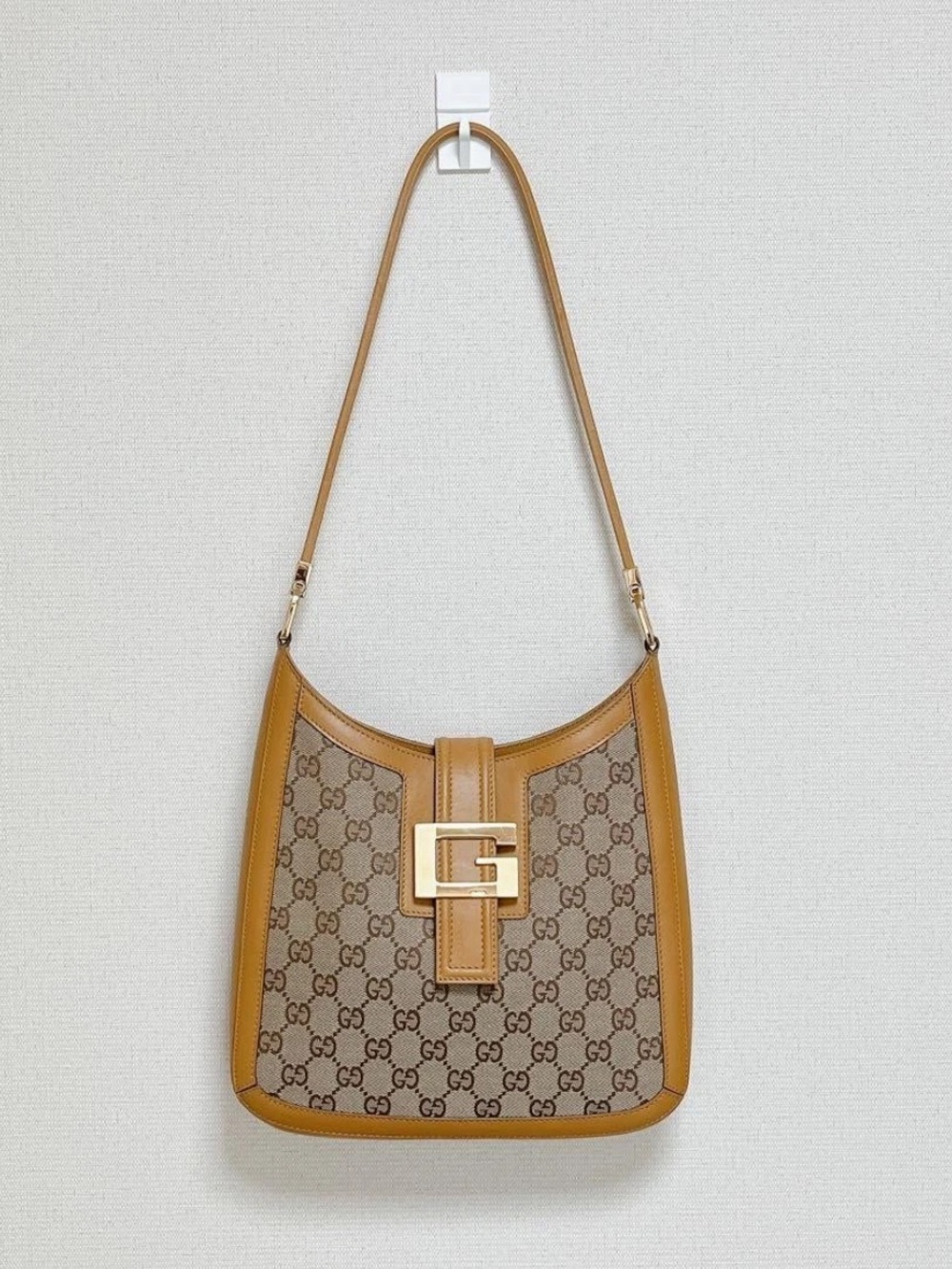 Gucci Beige and Tan GG Canvas Shoulder Bag with Gold Buckle
